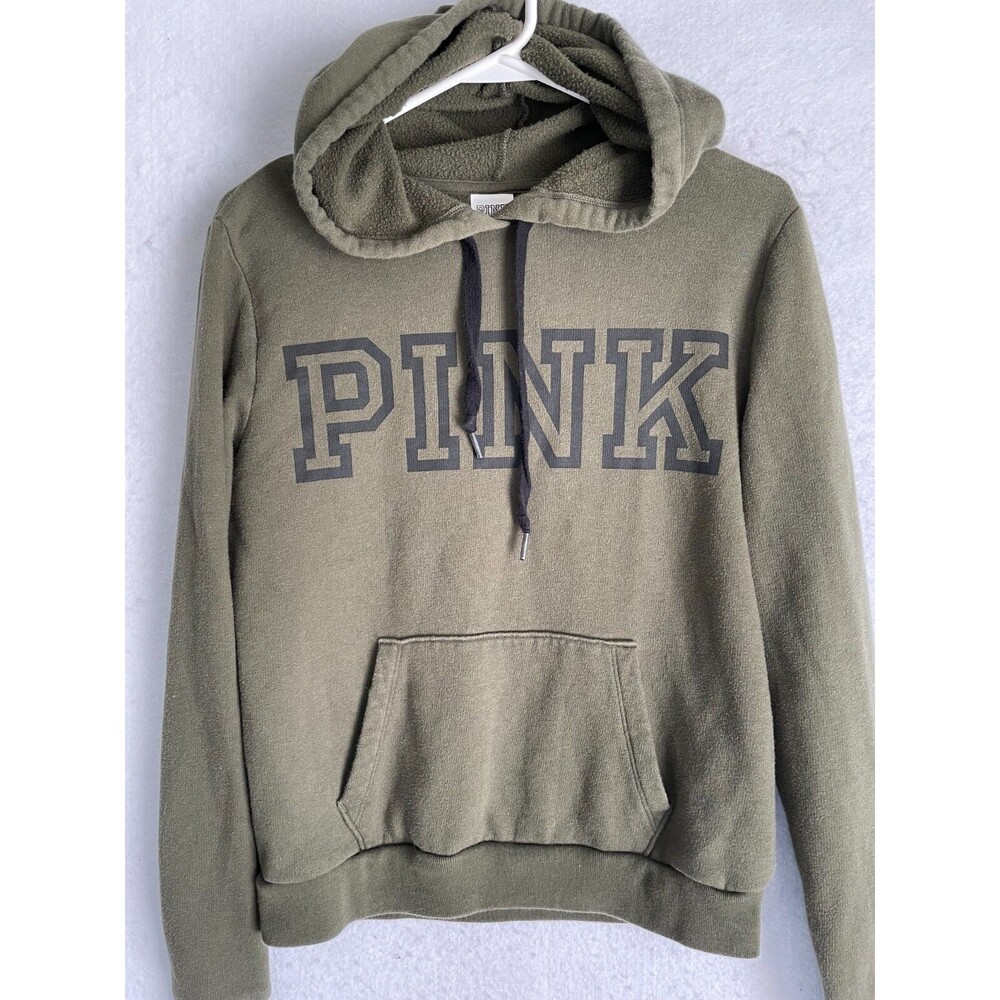 Victoria Secret PINK hoodie sweatshirt sz M women's fleece Logo Military Green